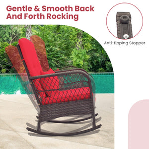 Rock smooth and safely with anti-slip mats and stoppers<br>Wrapped with premium PE rattan for elegance<br>Soft cushions and pillows make you more comfortable<br>Curved armrests for more coziness<br>Heavy-duty metal frame offers strong support<br>Smooth zi