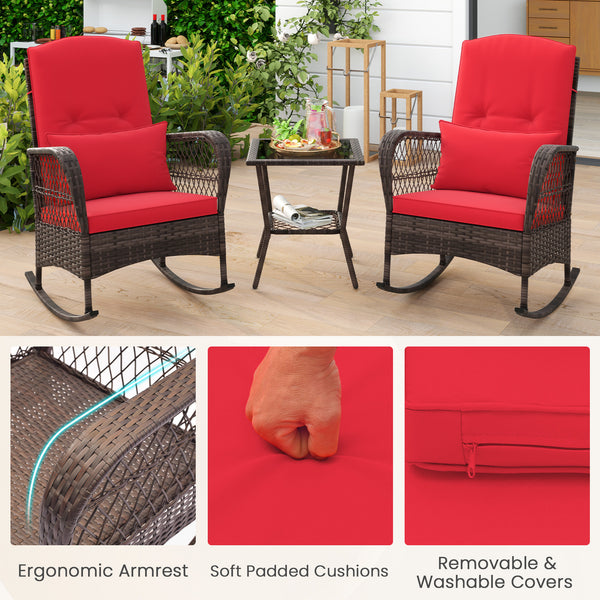 Rock smooth and safely with anti-slip mats and stoppers<br>Wrapped with premium PE rattan for elegance<br>Soft cushions and pillows make you more comfortable<br>Curved armrests for more coziness<br>Heavy-duty metal frame offers strong support<br>Smooth zi