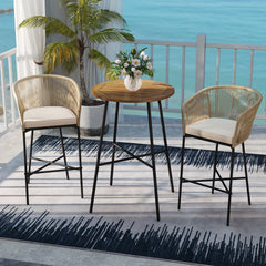 The rope woven backrest is breathable  long-lasting and elegant<br>Solid acacia wood tabletop for high strength and natural beauty<br>The splinter-free surface ensures the smooth touch<br>Soft cushion with high-density sponge for a comfy seating experienc