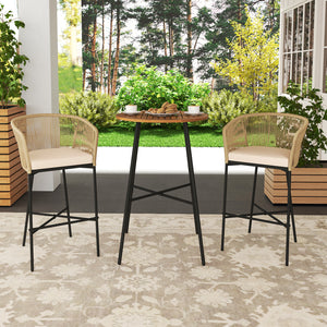 The rope woven backrest is breathable  long-lasting and elegant<br>Solid acacia wood tabletop for high strength and natural beauty<br>The splinter-free surface ensures the smooth touch<br>Soft cushion with high-density sponge for a comfy seating experienc
