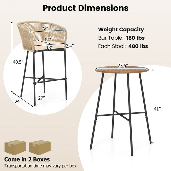 The rope woven backrest is breathable  long-lasting and elegant<br>Solid acacia wood tabletop for high strength and natural beauty<br>The splinter-free surface ensures the smooth touch<br>Soft cushion with high-density sponge for a comfy seating experienc