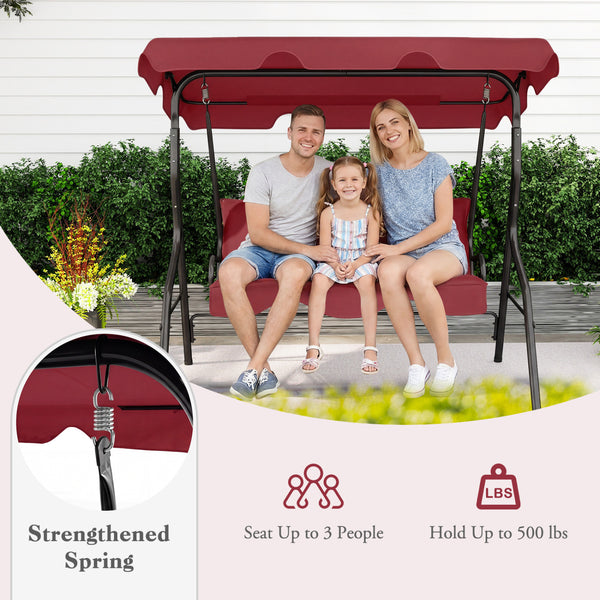 Brand new and high quality<br>Providing three comfortable seats<br>With a waterproof top canopy  protecting you from ultraviolet ray and drizzle<br>Black steel frame  durable and sturdy<br>Add comfort With seat and back cushion<br>Assembly needed and hard