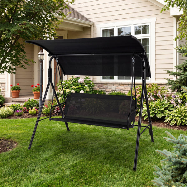 Adjustable canopy for customized shade throughout the day<br>Selected polyester fabric is sun-protective for lasting use<br>Breathable mesh fabric for cool and comfortable seating<br>3-seat design for relaxing with family and friends<br>Heavy-duty metal f