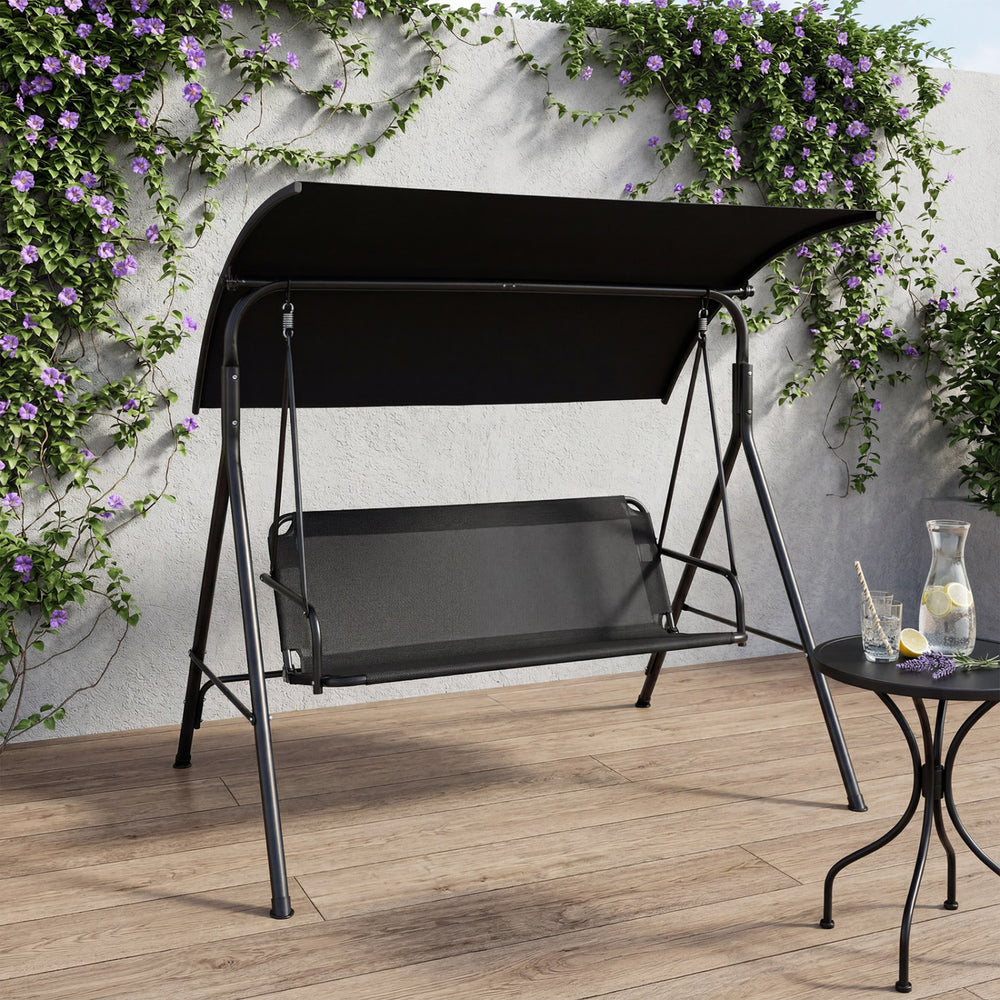 Adjustable canopy for customized shade throughout the day<br>Selected polyester fabric is sun-protective for lasting use<br>Breathable mesh fabric for cool and comfortable seating<br>3-seat design for relaxing with family and friends<br>Heavy-duty metal f