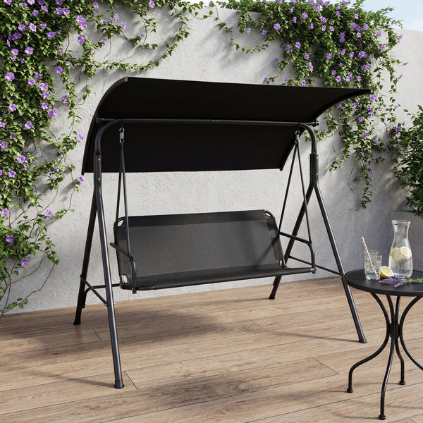 Adjustable canopy for customized shade throughout the day<br>Selected polyester fabric is sun-protective for lasting use<br>Breathable mesh fabric for cool and comfortable seating<br>3-seat design for relaxing with family and friends<br>Heavy-duty metal f