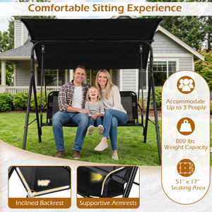 Adjustable canopy for customized shade throughout the day<br>Selected polyester fabric is sun-protective for lasting use<br>Breathable mesh fabric for cool and comfortable seating<br>3-seat design for relaxing with family and friends<br>Heavy-duty metal f