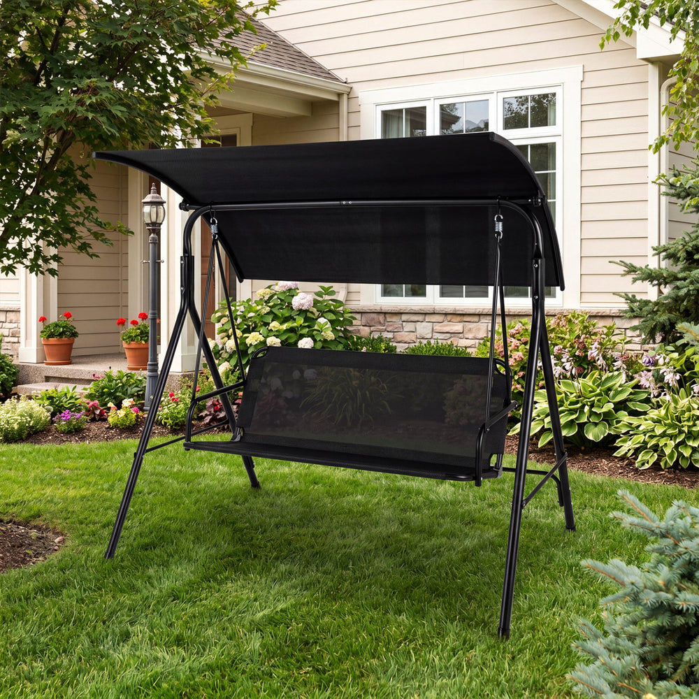 Adjustable canopy for customized shade throughout the day<br>Selected polyester fabric is sun-protective for lasting use<br>Breathable mesh fabric for cool and comfortable seating<br>3-seat design for relaxing with family and friends<br>Heavy-duty metal f