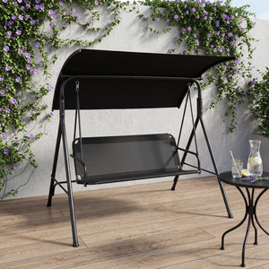 Adjustable canopy for customized shade throughout the day<br>Selected polyester fabric is sun-protective for lasting use<br>Breathable mesh fabric for cool and comfortable seating<br>3-seat design for relaxing with family and friends<br>Heavy-duty metal f