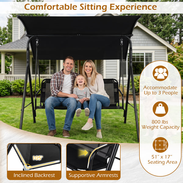 Adjustable canopy for customized shade throughout the day<br>Selected polyester fabric is sun-protective for lasting use<br>Breathable mesh fabric for cool and comfortable seating<br>3-seat design for relaxing with family and friends<br>Heavy-duty metal f