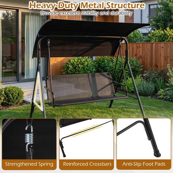 Adjustable canopy for customized shade throughout the day<br>Selected polyester fabric is sun-protective for lasting use<br>Breathable mesh fabric for cool and comfortable seating<br>3-seat design for relaxing with family and friends<br>Heavy-duty metal f