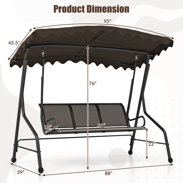 Constructed of robust metal frame for strong support<br>Load up to 1100 lbs  accommodating 3 people<br>Canopy can be adjusted for maximum sunshade<br>61" wide seat for family relaxation<br>Premium seat and back fabric is breathable to sit<br>Reinforced sp