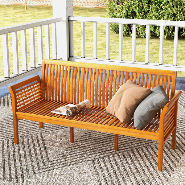 Accommodates 3 people with 58" wide seat <br>Built with premium and stable acacia wood <br>Seat cushion with high-density filling for more coziness <br>Zippered cushion cover for simple maintenance <br>Ergonomic backrest and curved armrests relieve your f