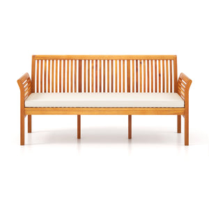 Accommodates 3 people with 58" wide seat <br>Built with premium and stable acacia wood <br>Seat cushion with high-density filling for more coziness <br>Zippered cushion cover for simple maintenance <br>Ergonomic backrest and curved armrests relieve your f