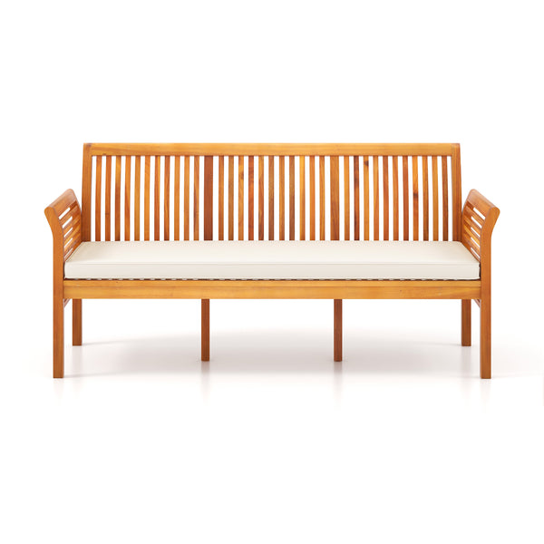 Accommodates 3 people with 58" wide seat <br>Built with premium and stable acacia wood <br>Seat cushion with high-density filling for more coziness <br>Zippered cushion cover for simple maintenance <br>Ergonomic backrest and curved armrests relieve your f