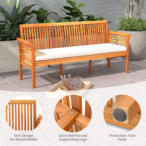 Accommodates 3 people with 58" wide seat <br>Built with premium and stable acacia wood <br>Seat cushion with high-density filling for more coziness <br>Zippered cushion cover for simple maintenance <br>Ergonomic backrest and curved armrests relieve your f