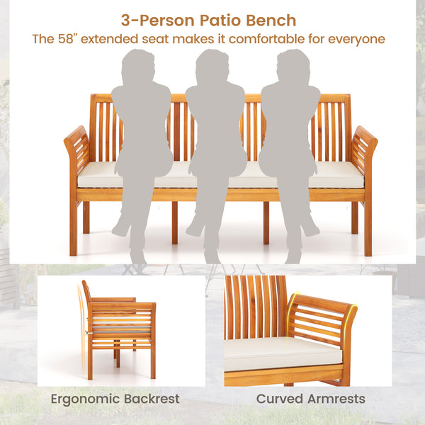 Accommodates 3 people with 58" wide seat <br>Built with premium and stable acacia wood <br>Seat cushion with high-density filling for more coziness <br>Zippered cushion cover for simple maintenance <br>Ergonomic backrest and curved armrests relieve your f