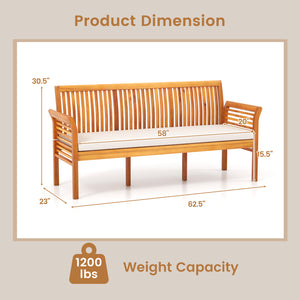 Accommodates 3 people with 58" wide seat <br>Built with premium and stable acacia wood <br>Seat cushion with high-density filling for more coziness <br>Zippered cushion cover for simple maintenance <br>Ergonomic backrest and curved armrests relieve your f