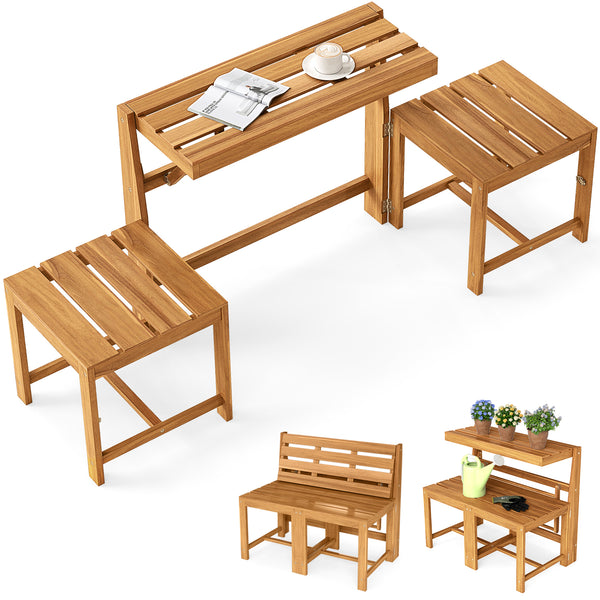 3-in-1 convertible design for table and chairs set  plant rack or loveseat<br>Release to fold the tabletop and lock to fix 2 chairs for easy transformation<br>Solid acacia wood for high hardness and natural beauty<br>Ensure a smooth touch with a splinter-
