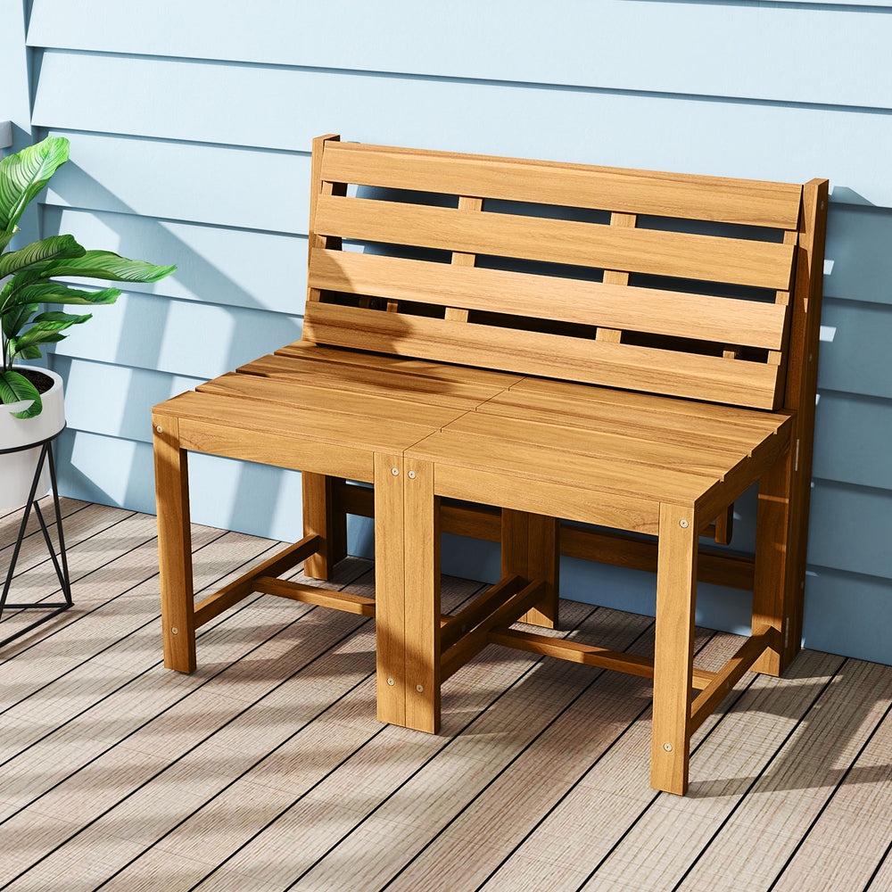 3-in-1 convertible design for table and chairs set  plant rack or loveseat<br>Release to fold the tabletop and lock to fix 2 chairs for easy transformation<br>Solid acacia wood for high hardness and natural beauty<br>Ensure a smooth touch with a splinter-