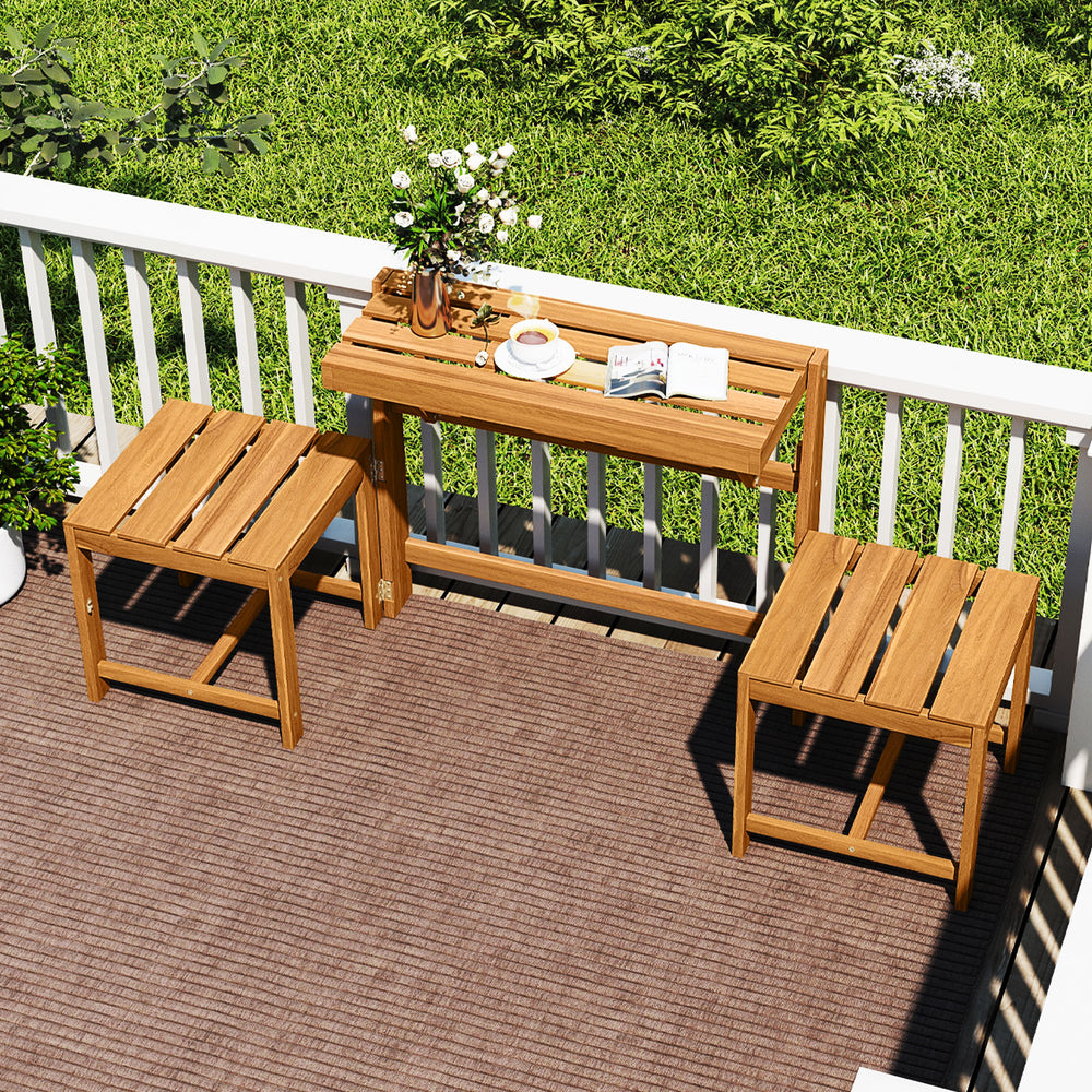 3-in-1 convertible design for table and chairs set  plant rack or loveseat<br>Release to fold the tabletop and lock to fix 2 chairs for easy transformation<br>Solid acacia wood for high hardness and natural beauty<br>Ensure a smooth touch with a splinter-