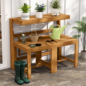 3-in-1 convertible design for table and chairs set  plant rack or loveseat<br>Release to fold the tabletop and lock to fix 2 chairs for easy transformation<br>Solid acacia wood for high hardness and natural beauty<br>Ensure a smooth touch with a splinter-