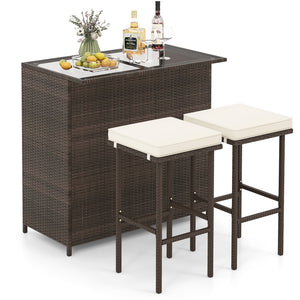 Strong metal frame and wrapped with rattan wicker<br>Including 2 stools and 1 table<br>Special design of the shelve for storage<br>Tempered glass top with good heat-durability<br>Soft and thick cushion provides comfortable sitting experience<br>Zippered c