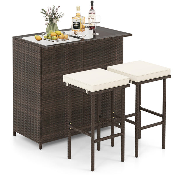 Strong metal frame and wrapped with rattan wicker<br>Including 2 stools and 1 table<br>Special design of the shelve for storage<br>Tempered glass top with good heat-durability<br>Soft and thick cushion provides comfortable sitting experience<br>Zippered c