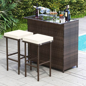 Strong metal frame and wrapped with rattan wicker<br>Including 2 stools and 1 table<br>Special design of the shelve for storage<br>Tempered glass top with good heat-durability<br>Soft and thick cushion provides comfortable sitting experience<br>Zippered c