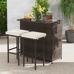 Strong metal frame and wrapped with rattan wicker<br>Including 2 stools and 1 table<br>Special design of the shelve for storage<br>Tempered glass top with good heat-durability<br>Soft and thick cushion provides comfortable sitting experience<br>Zippered c