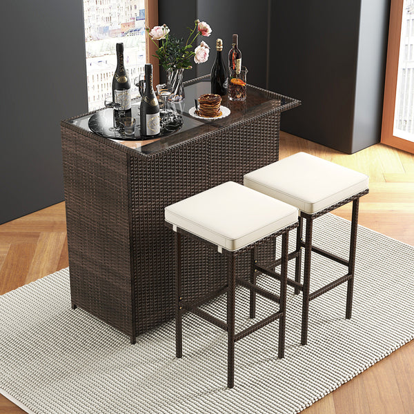 Strong metal frame and wrapped with rattan wicker<br>Including 2 stools and 1 table<br>Special design of the shelve for storage<br>Tempered glass top with good heat-durability<br>Soft and thick cushion provides comfortable sitting experience<br>Zippered c