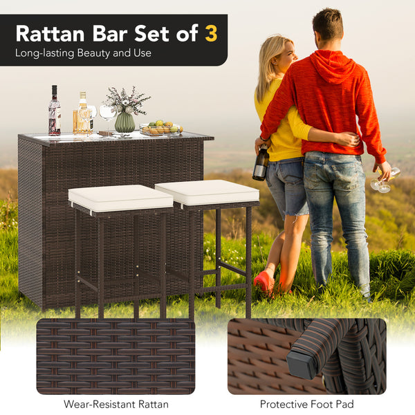 Strong metal frame and wrapped with rattan wicker<br>Including 2 stools and 1 table<br>Special design of the shelve for storage<br>Tempered glass top with good heat-durability<br>Soft and thick cushion provides comfortable sitting experience<br>Zippered c