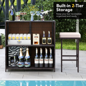 Strong metal frame and wrapped with rattan wicker<br>Including 2 stools and 1 table<br>Special design of the shelve for storage<br>Tempered glass top with good heat-durability<br>Soft and thick cushion provides comfortable sitting experience<br>Zippered c