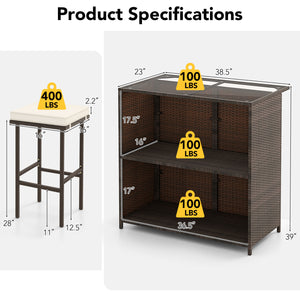 Strong metal frame and wrapped with rattan wicker<br>Including 2 stools and 1 table<br>Special design of the shelve for storage<br>Tempered glass top with good heat-durability<br>Soft and thick cushion provides comfortable sitting experience<br>Zippered c