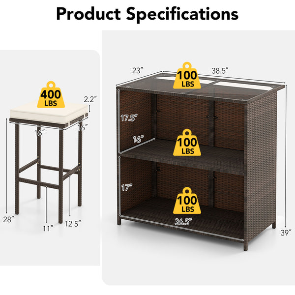 Strong metal frame and wrapped with rattan wicker<br>Including 2 stools and 1 table<br>Special design of the shelve for storage<br>Tempered glass top with good heat-durability<br>Soft and thick cushion provides comfortable sitting experience<br>Zippered c
