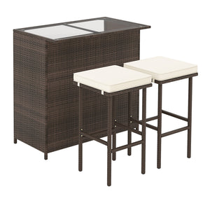 Strong metal frame and wrapped with rattan wicker<br>Including 2 stools and 1 table<br>Special design of the shelve for storage<br>Tempered glass top with good heat-durability<br>Soft and thick cushion provides comfortable sitting experience<br>Zippered c