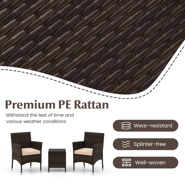 Well-woven rattan surface for elegance and durability<br>Comes with seat cushions for more comfort<br>Ergonomic seat makes you more relaxed<br>Heavy-duty metal frame offers high-strength support<br>Zippered design for simple maintenance<br>Square coffee t