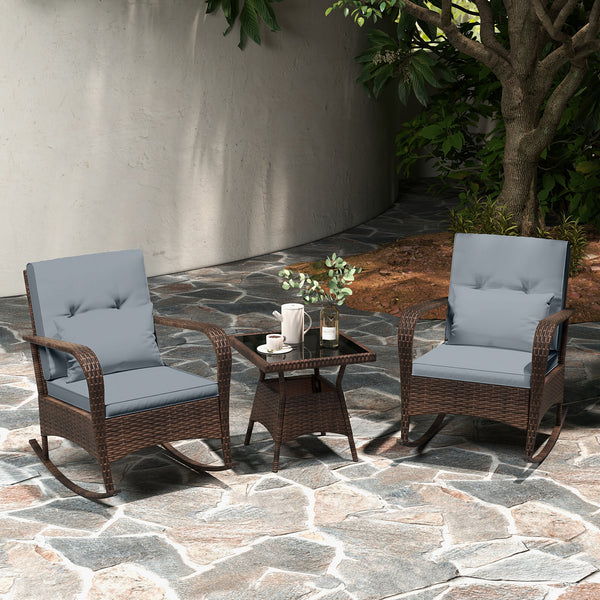 Ergonomic chairs with curved armrests for more comfort<br>Anti-slip mats and bottom stoppers for safe rocking<br>High-quality PE rattan enhances durability and style<br>Cozy cushions feature easy-to-clean zippered covers<br>Elastic lumbar pillows offer ad
