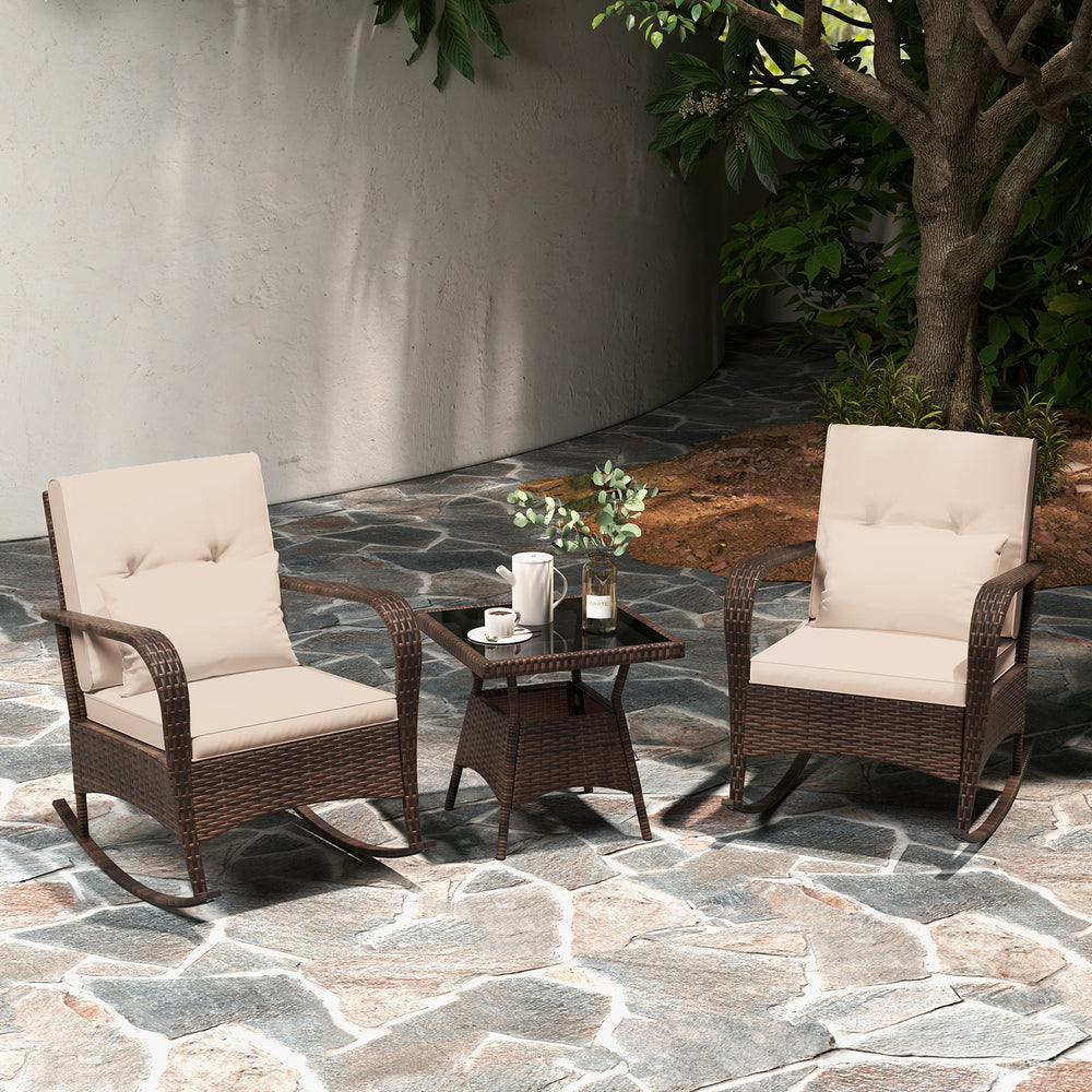 Ergonomic chairs with curved armrests for more comfort<br>Anti-slip mats and bottom stoppers for safe rocking<br>High-quality PE rattan enhances durability and style<br>Cozy cushions feature easy-to-clean zippered covers<br>Elastic lumbar pillows offer ad