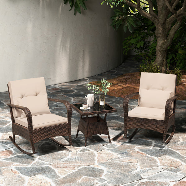 Ergonomic chairs with curved armrests for more comfort<br>Anti-slip mats and bottom stoppers for safe rocking<br>High-quality PE rattan enhances durability and style<br>Cozy cushions feature easy-to-clean zippered covers<br>Elastic lumbar pillows offer ad