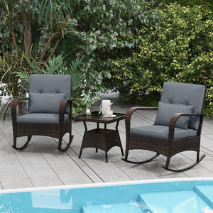 Ergonomic chairs with curved armrests for more comfort<br>Anti-slip mats and bottom stoppers for safe rocking<br>High-quality PE rattan enhances durability and style<br>Cozy cushions feature easy-to-clean zippered covers<br>Elastic lumbar pillows offer ad