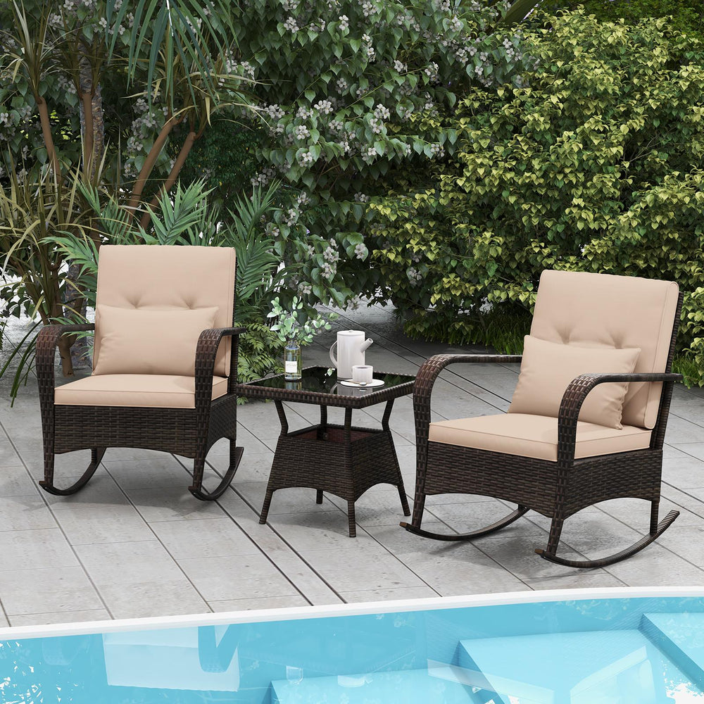 Ergonomic chairs with curved armrests for more comfort<br>Anti-slip mats and bottom stoppers for safe rocking<br>High-quality PE rattan enhances durability and style<br>Cozy cushions feature easy-to-clean zippered covers<br>Elastic lumbar pillows offer ad