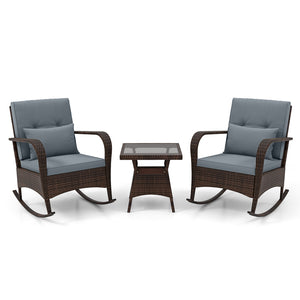 Ergonomic chairs with curved armrests for more comfort<br>Anti-slip mats and bottom stoppers for safe rocking<br>High-quality PE rattan enhances durability and style<br>Cozy cushions feature easy-to-clean zippered covers<br>Elastic lumbar pillows offer ad
