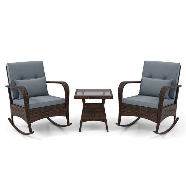 Ergonomic chairs with curved armrests for more comfort<br>Anti-slip mats and bottom stoppers for safe rocking<br>High-quality PE rattan enhances durability and style<br>Cozy cushions feature easy-to-clean zippered covers<br>Elastic lumbar pillows offer ad