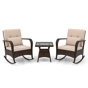 Ergonomic chairs with curved armrests for more comfort<br>Anti-slip mats and bottom stoppers for safe rocking<br>High-quality PE rattan enhances durability and style<br>Cozy cushions feature easy-to-clean zippered covers<br>Elastic lumbar pillows offer ad