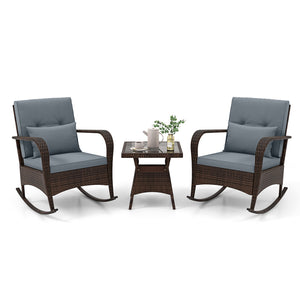 Ergonomic chairs with curved armrests for more comfort<br>Anti-slip mats and bottom stoppers for safe rocking<br>High-quality PE rattan enhances durability and style<br>Cozy cushions feature easy-to-clean zippered covers<br>Elastic lumbar pillows offer ad