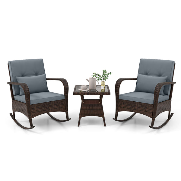 Ergonomic chairs with curved armrests for more comfort<br>Anti-slip mats and bottom stoppers for safe rocking<br>High-quality PE rattan enhances durability and style<br>Cozy cushions feature easy-to-clean zippered covers<br>Elastic lumbar pillows offer ad