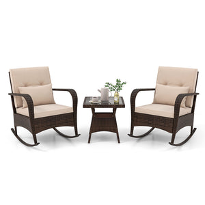 Ergonomic chairs with curved armrests for more comfort<br>Anti-slip mats and bottom stoppers for safe rocking<br>High-quality PE rattan enhances durability and style<br>Cozy cushions feature easy-to-clean zippered covers<br>Elastic lumbar pillows offer ad