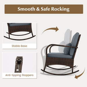 Ergonomic chairs with curved armrests for more comfort<br>Anti-slip mats and bottom stoppers for safe rocking<br>High-quality PE rattan enhances durability and style<br>Cozy cushions feature easy-to-clean zippered covers<br>Elastic lumbar pillows offer ad