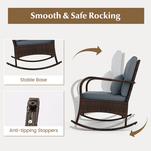 Ergonomic chairs with curved armrests for more comfort<br>Anti-slip mats and bottom stoppers for safe rocking<br>High-quality PE rattan enhances durability and style<br>Cozy cushions feature easy-to-clean zippered covers<br>Elastic lumbar pillows offer ad