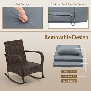 Ergonomic chairs with curved armrests for more comfort<br>Anti-slip mats and bottom stoppers for safe rocking<br>High-quality PE rattan enhances durability and style<br>Cozy cushions feature easy-to-clean zippered covers<br>Elastic lumbar pillows offer ad